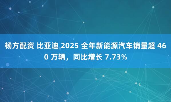 杨方配资 比亚迪 2025 全年新能源汽车销量超 460 万辆，同比增长 7.73%